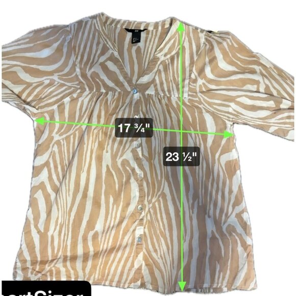 H&M Zebra Print Button Down Blouse Balloon Sleeve Size L Beige White - Picture 6 of 8